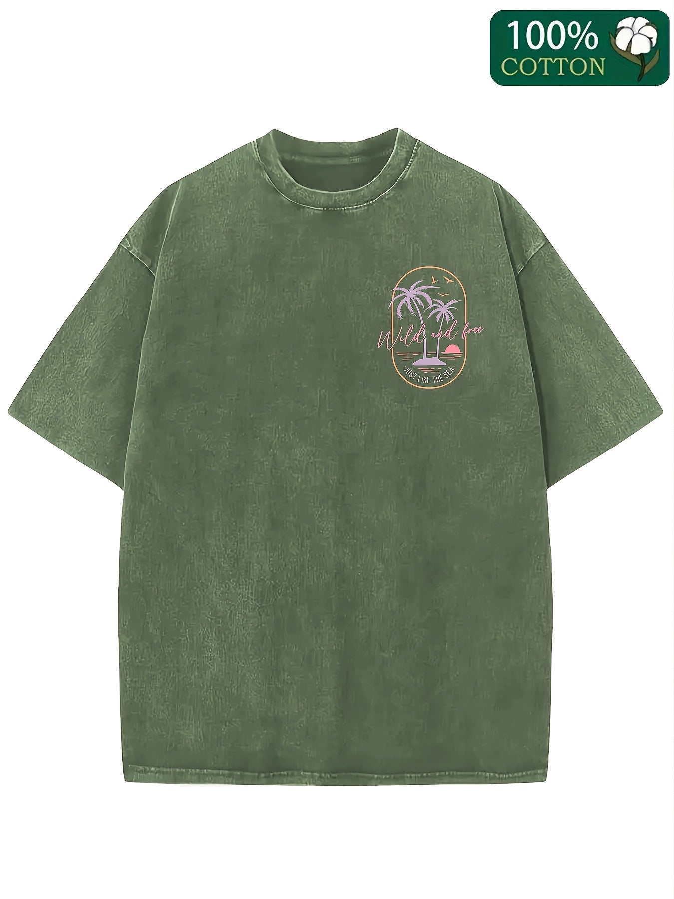 Men's Heavyweight 230g 100% Cotton T-Shirt - Vintage Surf Style with Tropical Palm Tree & Surfboard Print, Light Pink & Orange Retro Beach Design, Loose Fit Short Sleeve Tee for Surfing, Vacation, Casual Wear - Ideal Surf Gift