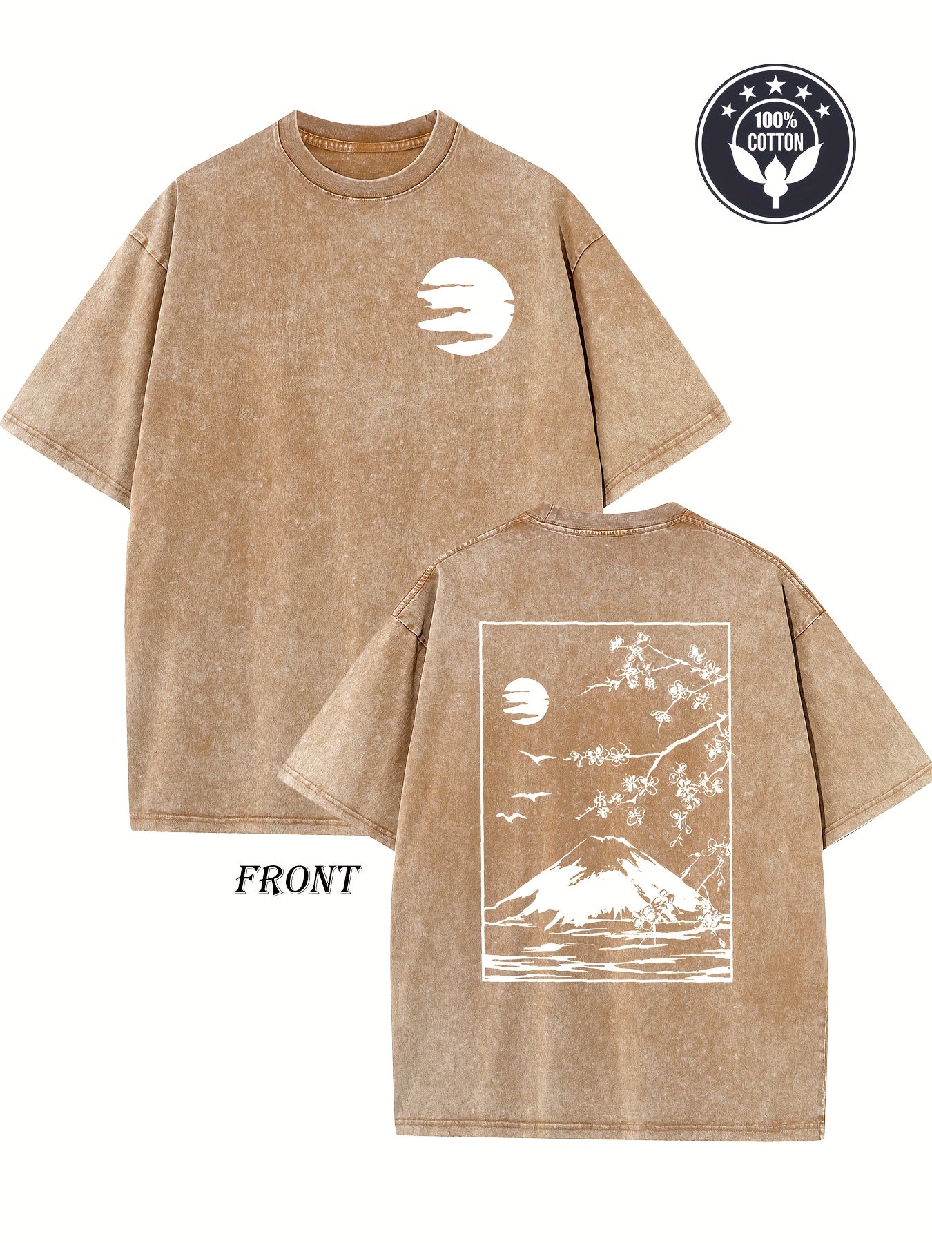 Men'S & Women'S Heavyweight 230gsm Vintage Japanese Cherry Blossom & Mount Fuji T-Shirt - Double-Sided Washed Print, Oversized Drop Shoulder Fit, Casual Streetwear, Unisex Retro Graphic Tee for All-Season (/)