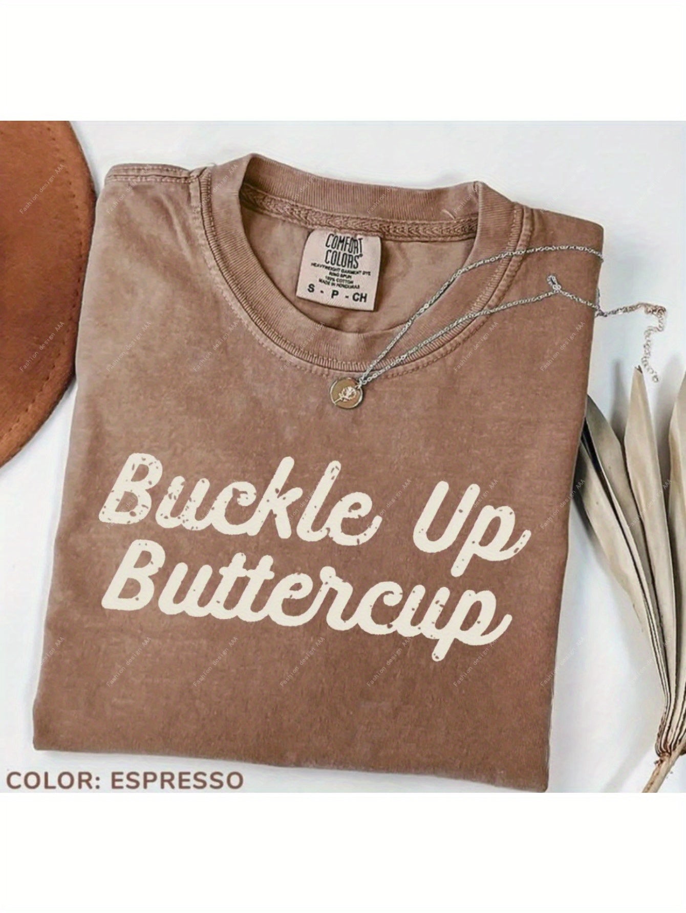 Men'S Retro Western Style Brown "BUCKLE UP BUTTERCUP" Cowboy Theme Shirt | 230g Heavy Washed, Crew Neck, Machine Washable, Suitable for Country Western Parties and Casual Wear, Durable Fabric, Fun Design, All-season Casual Clothing