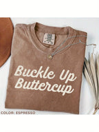 Men'S Retro Western Style Brown "BUCKLE UP BUTTERCUP" Cowboy Theme Shirt | 230g Heavy Washed, Crew Neck, Machine Washable, Suitable for Country Western Parties and Casual Wear, Durable Fabric, Fun Design, All-season Casual Clothing