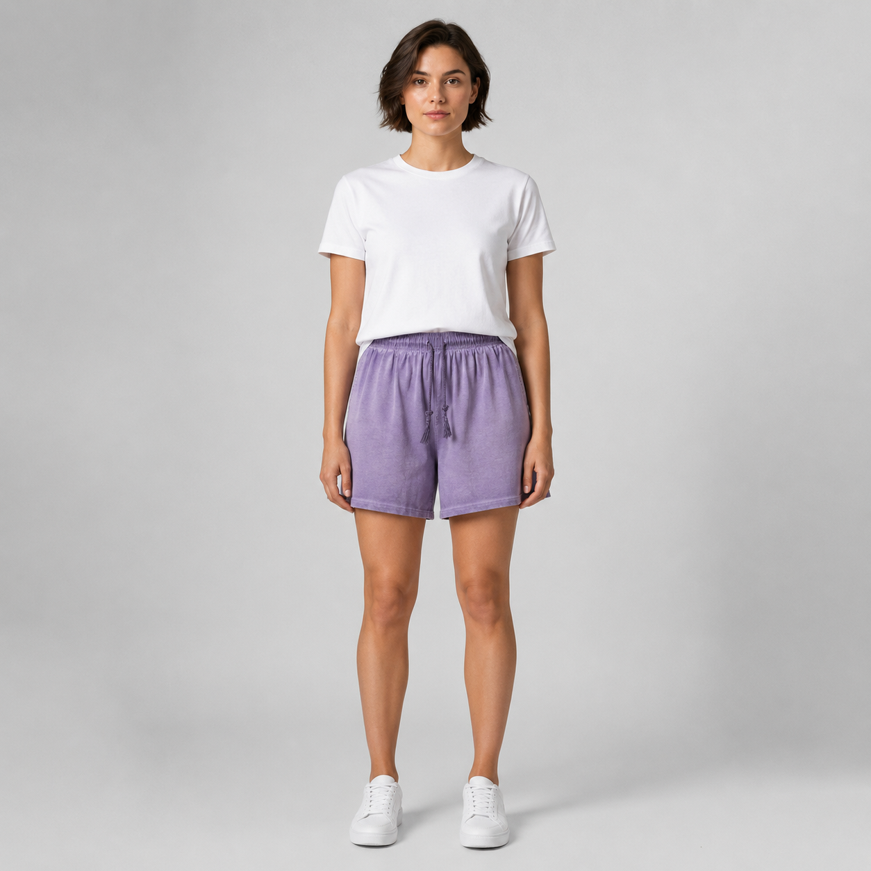 American vintage-style "dirty wash" shorts; distressed, faded, cotton-feel athletic shorts; versatile, casual unisex style.
