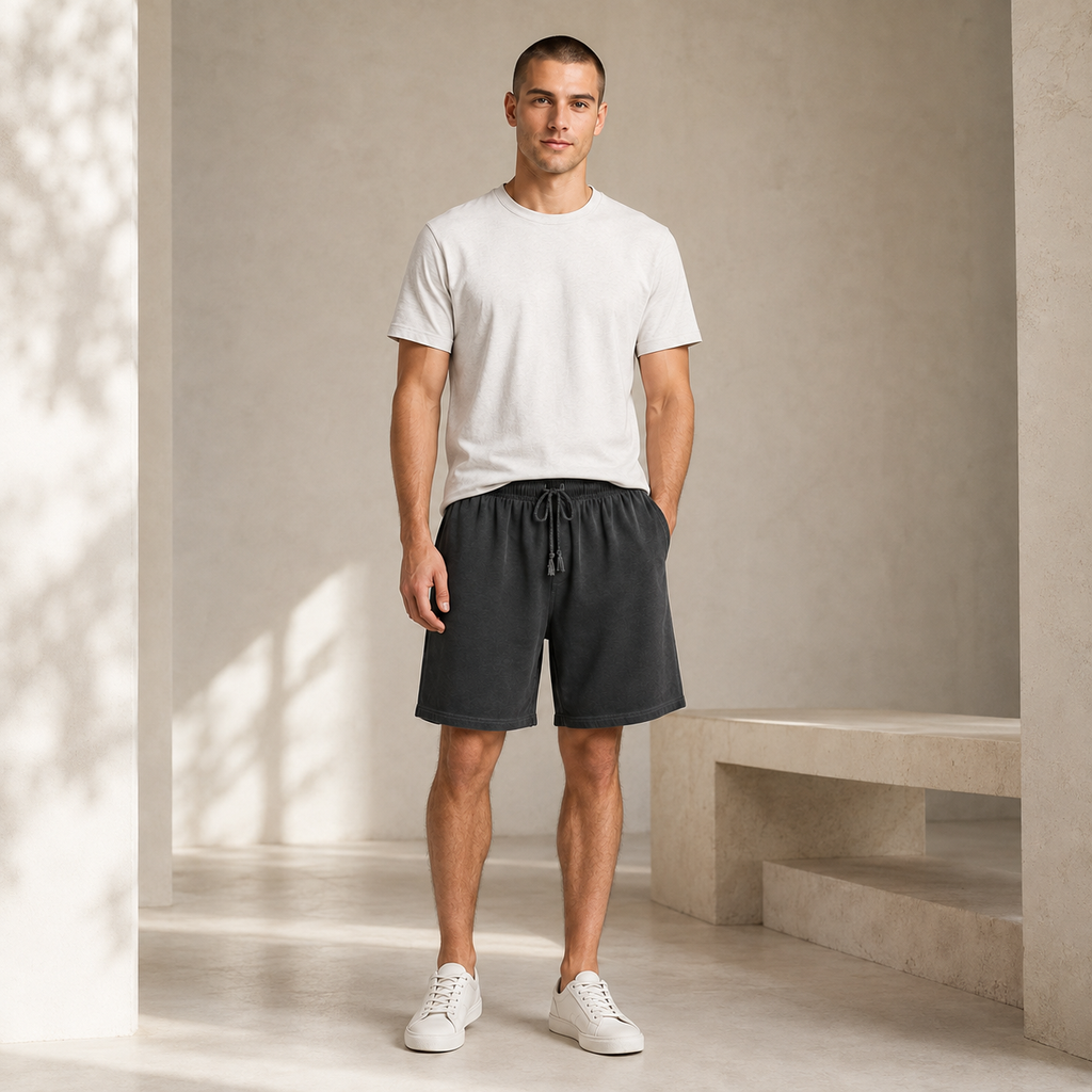 American vintage-style "dirty wash" shorts; distressed, faded, cotton-feel athletic shorts; versatile, casual unisex style.