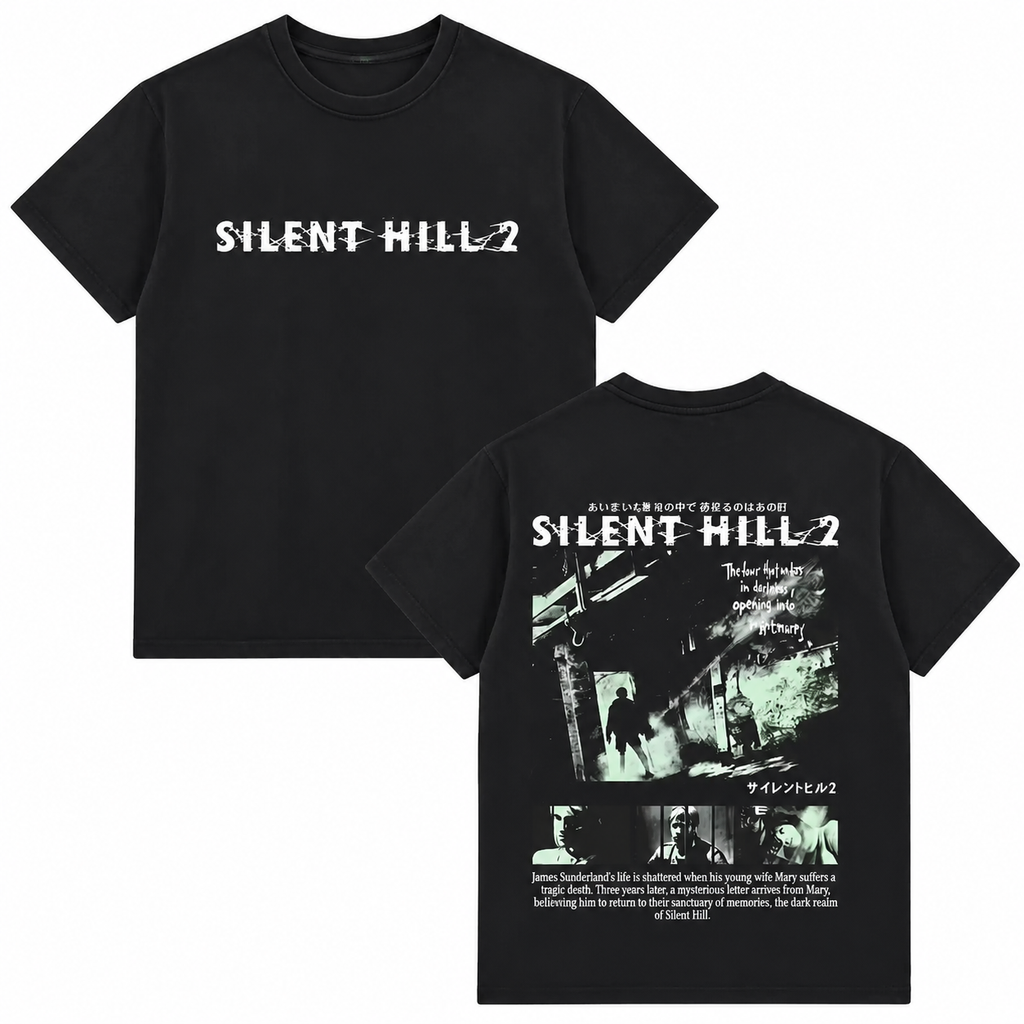 Horror-themed distressed black short-sleeve T-shirt; 100% cotton, oversized fit; *Silent Hill 2* poster-style vintage casual tee.