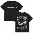 Horror-themed distressed black short-sleeve T-shirt; 100% cotton, oversized fit; *Silent Hill 2* poster-style vintage casual tee.
