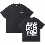 Jesus Loves You Cross Double-sided Print Washed Distressed Short-Sleeve T-Shirt, American Heavyweight Pure Cotton Oversized Christian Retro Casual Unisex T-Shirt