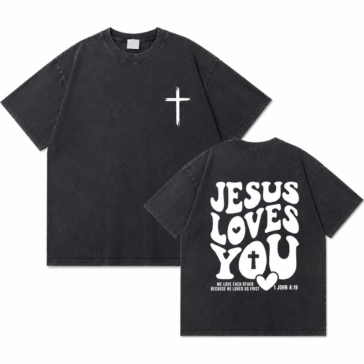 Jesus Loves You Cross Double-sided Print Washed Distressed Short-Sleeve T-Shirt, American Heavyweight Pure Cotton Oversized Christian Retro Casual Unisex T-Shirt