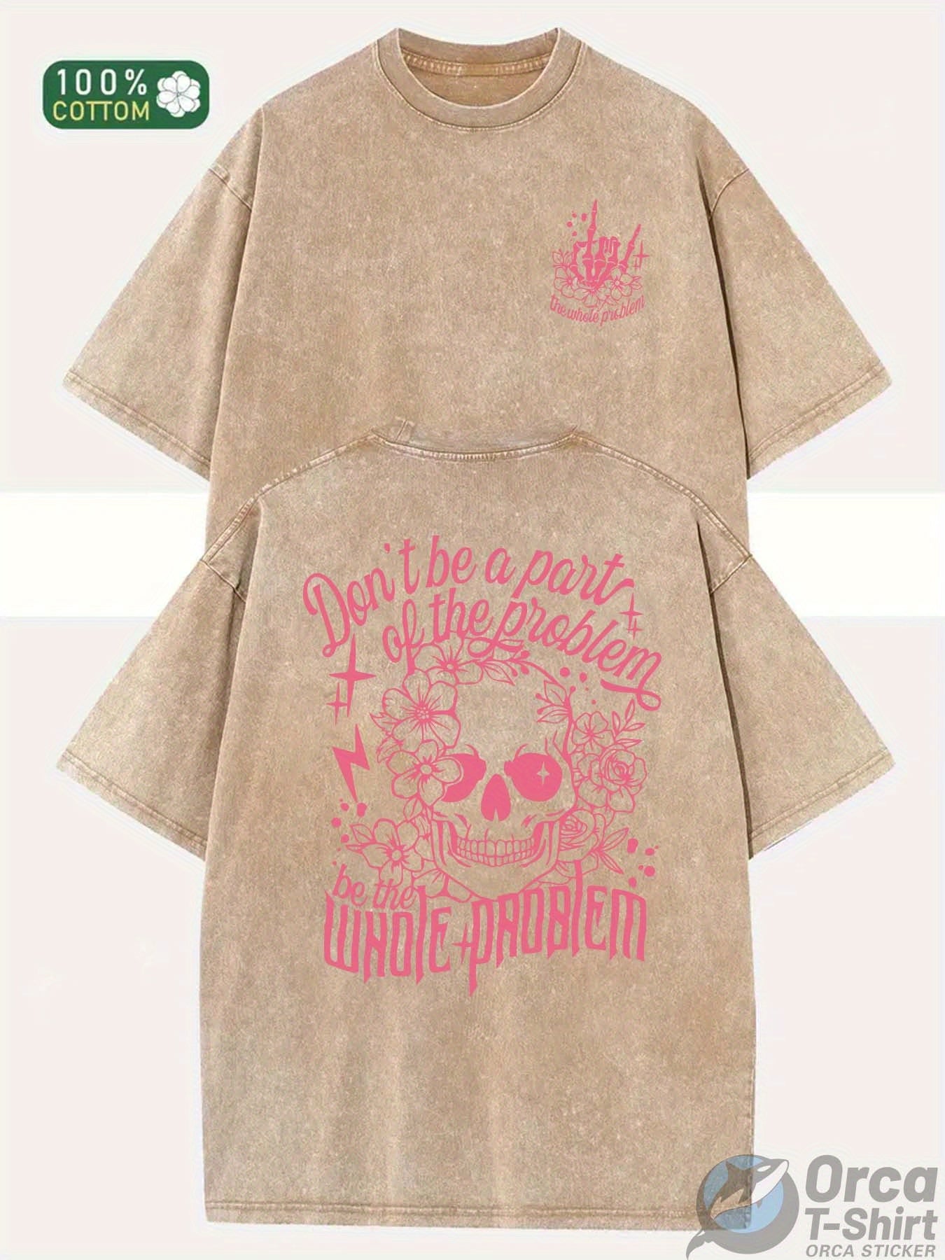 230G Heavyweight Batik Washed T-Shirt - Unisex & Pink Skull Graphic Tee, Machine Washable All-Season Casual Shirt for Men & Women