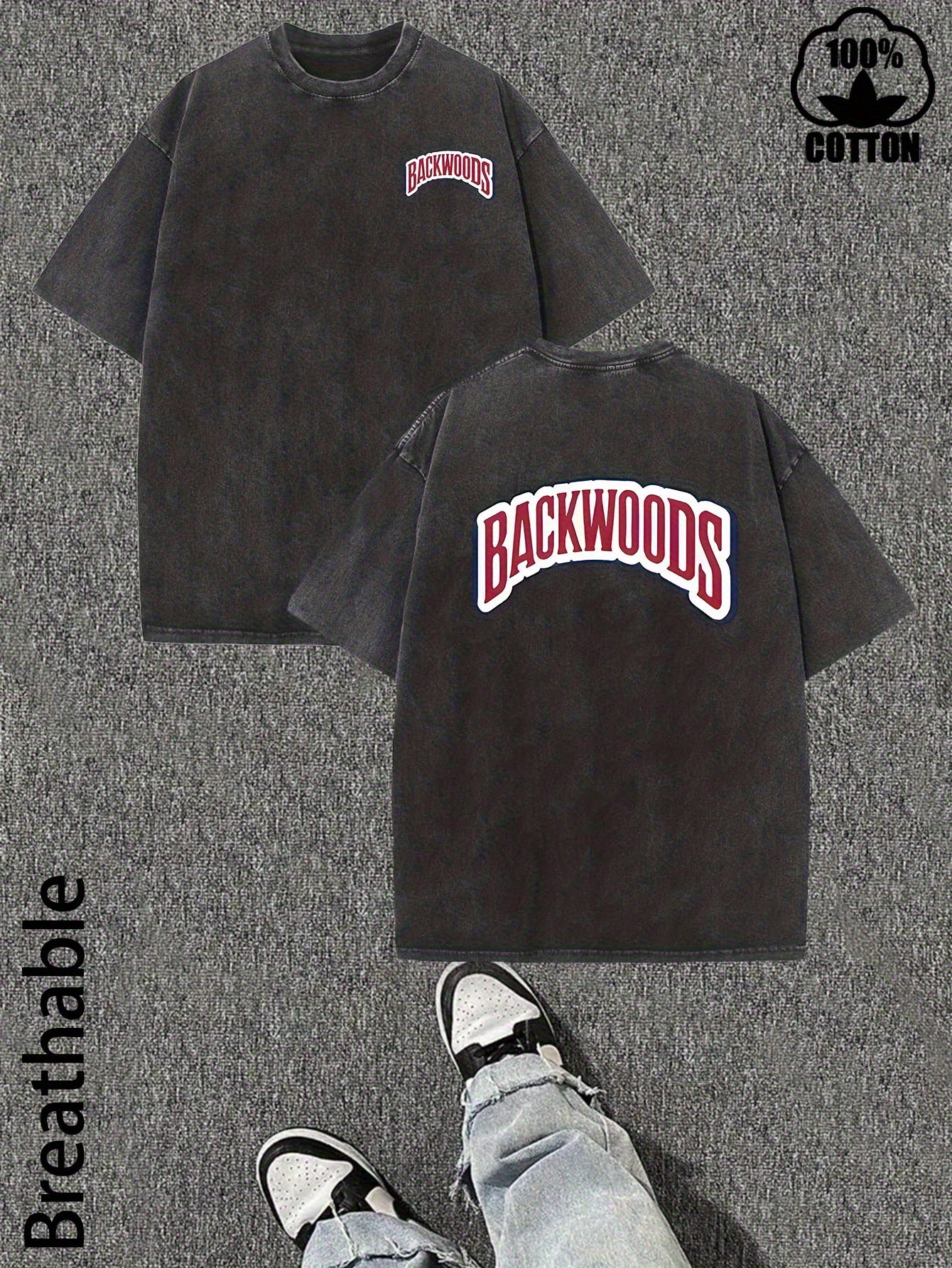 1pc Men's Heavyweight Washed Cotton T-Shirt with BACKWOODS Brand Print - Red Letter Logo, Loose Fit Streetwear Style, Breathable All-Season Casual Gym & Party Wear, Machine Washable Crew Neck Top
