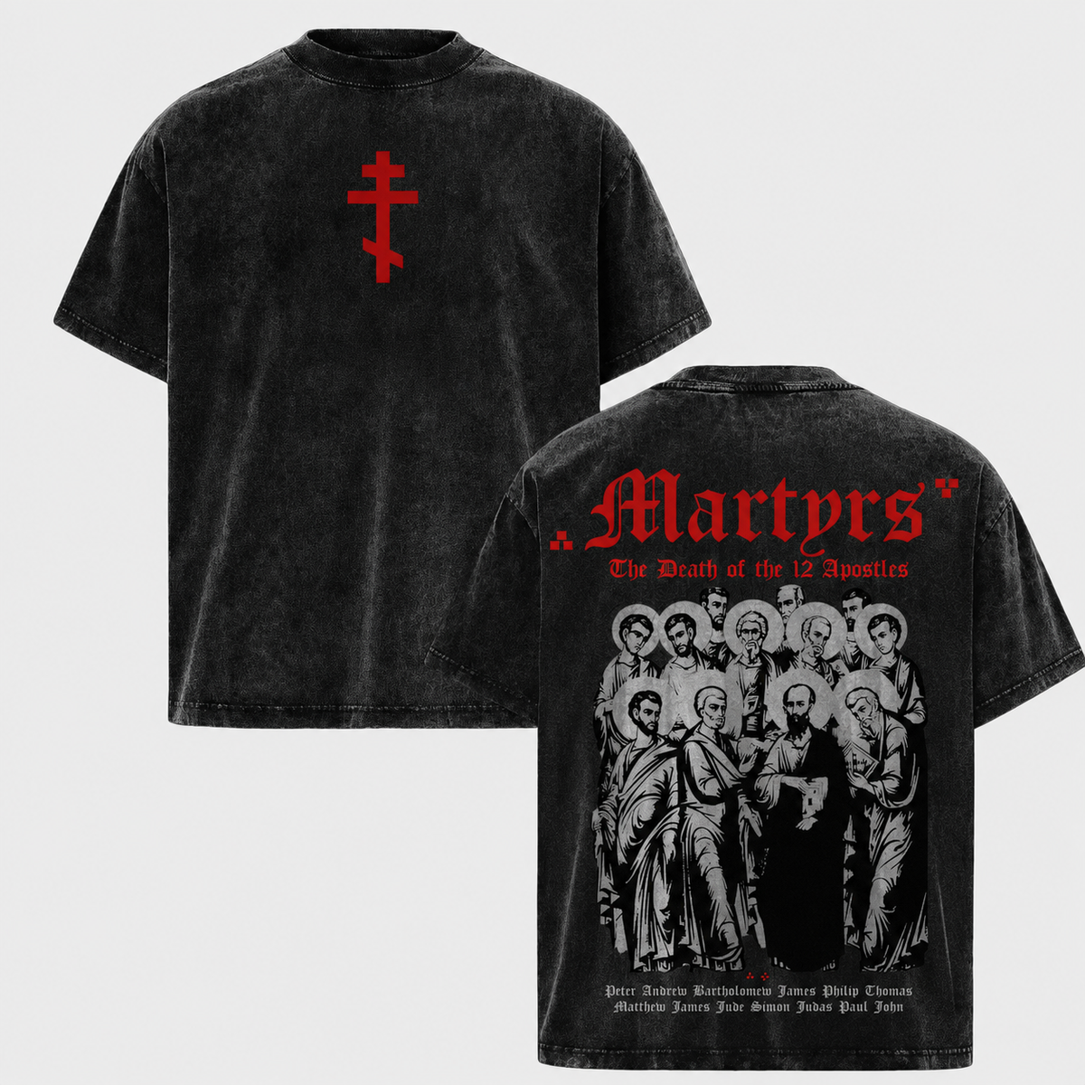 Vintage-Washed Short-Sleeve T-Shirt | "Twelve Holy Martyrs" Cross – Dark Religious Motif – Double-Sided Print – Oversized Unisex Fit