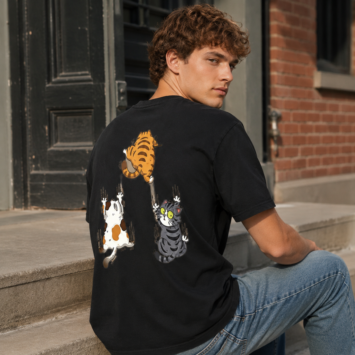 Distressed Black Oversized T-Shirt (100% Cotton) – Cute & Playful "Wall-Climbing Cat" Graphic – Retro Casual Style