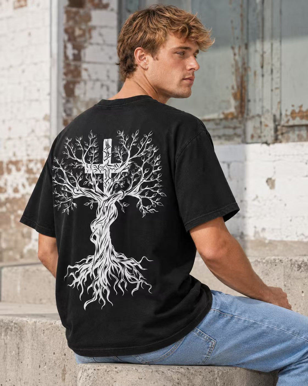 Men's Pure Cotton Vintage "FAITH" T-Shirt – Loose Fit, Drop-Shoulder, Short Sleeve – Tree of Life Cross Print
