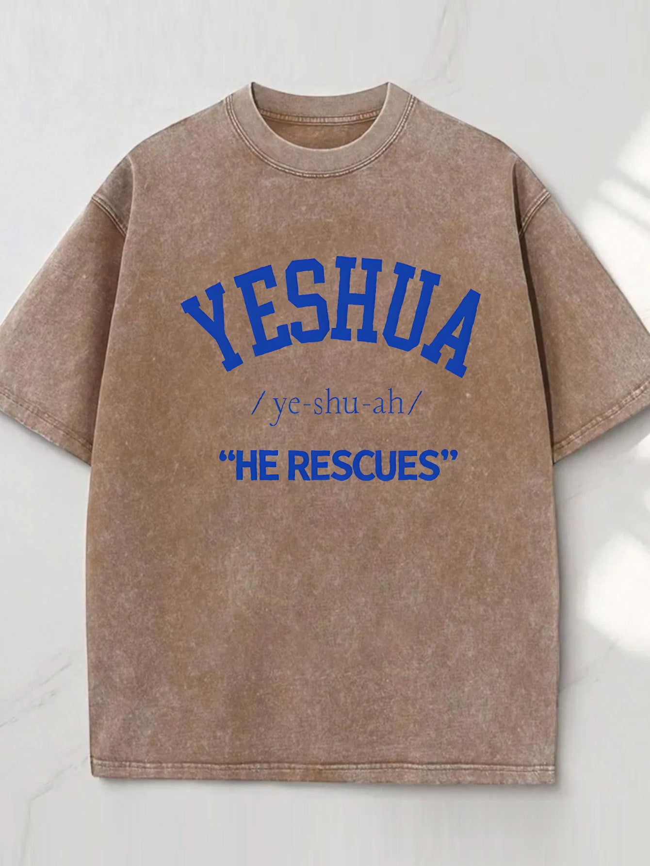 Oversized Christian Faith T-Shirt with YESHUA He Saved Hebrew/ Cross Design - Washed Cotton Black Casual Church Wear, Round Neck Religious Apparel for all-Season