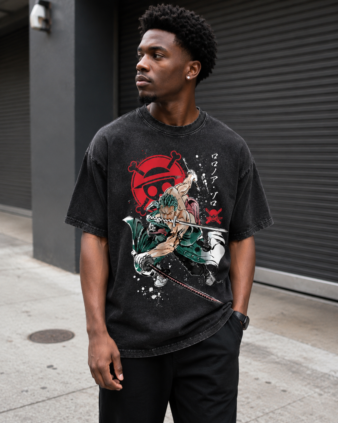 American-style acid-washed distressed One Piece Roronoa Zoro Three-Sword Style Print Short-Sleeve T-Shirt, Heavyweight Wash, Oversized, Retro Anime Unisex T-Shirt