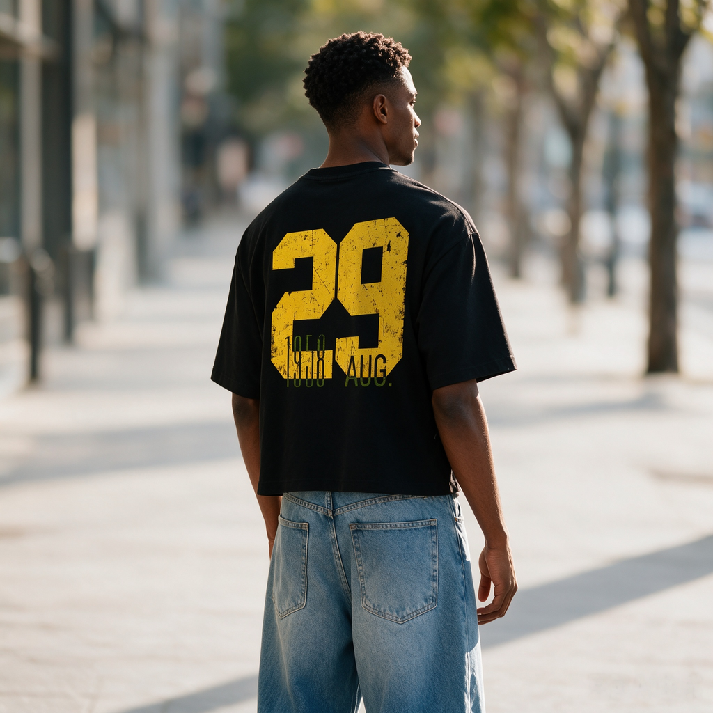 Vintage-style oversized drop-shoulder T-shirt featuring a large "29" back print with distressed, worn-effect typography; crafted from 100% cotton—a casual top with an American street-style vintage aesthetic.