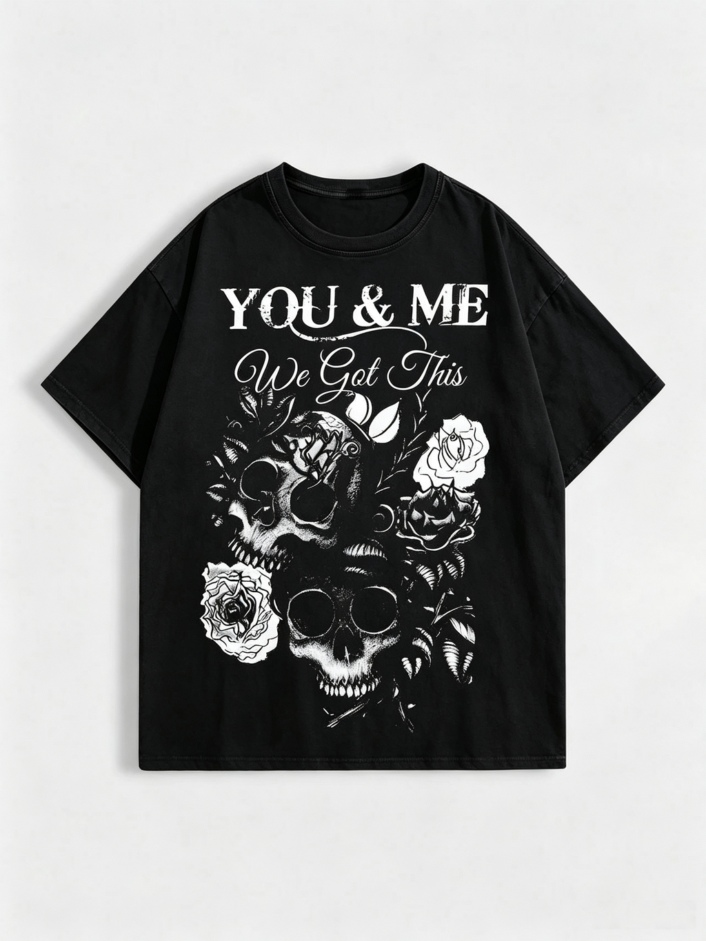Women's Oversized Pure Cotton T-Shirt – Dark Skull & Rose Vintage Print – Subculture-Inspired Statement Short-Sleeve Tee