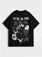 Women's Oversized Pure Cotton T-Shirt – Dark Skull & Rose Vintage Print – Subculture-Inspired Statement Short-Sleeve Tee