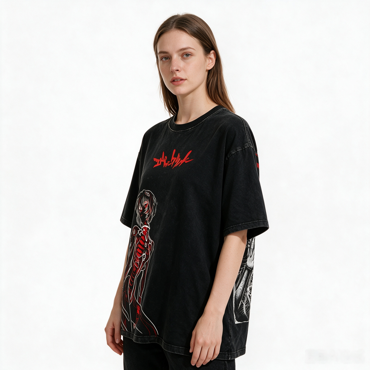 Pure Cotton Double-Sided Dark Anime Print Short-Sleeve T-Shirt – Oversized, Loose-Fit Streetwear Top for Women (EVA/2D Style)
