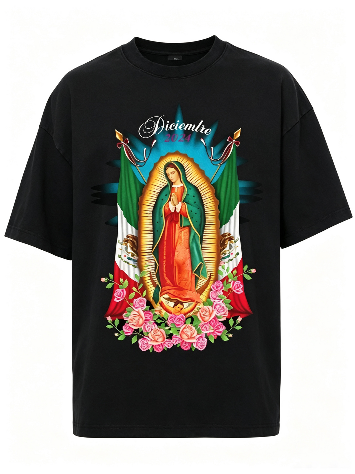 Vintage-style Our Lady of Guadalupe & Mexican Flag Rose Print Short-Sleeve T-Shirt – Heavyweight Pure Cotton, Oversized/Loose Fit, Trendy Women's Tee