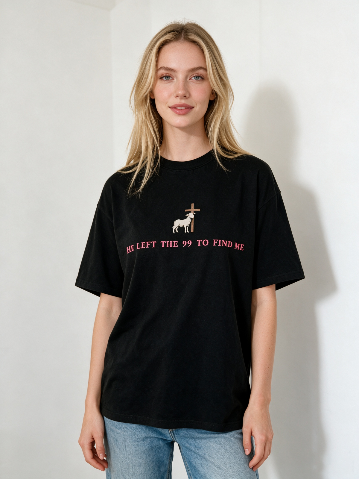 Faith-themed T-shirt with lamb and cross print – American-style loose-fit pure cotton casual short-sleeve tee
