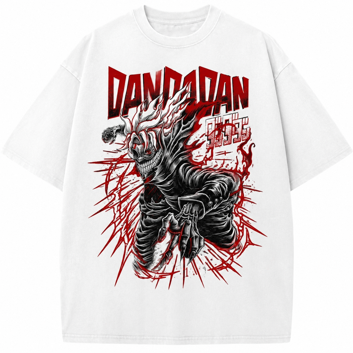 Dandadan's Ghostly Demon Illustration Stonewashed Distressed T-Shirt, Drop-Shoulder Loose Fit Heavyweight Cotton, European and American Dark Anime Style Unisex Retro Top for Couples