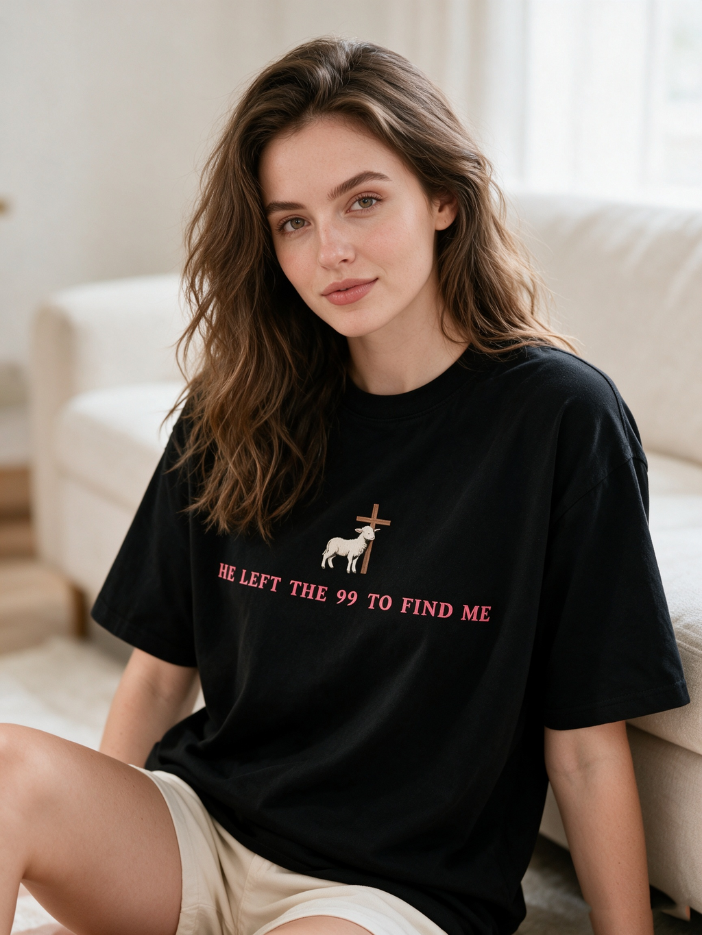 Faith-themed T-shirt with lamb and cross print – American-style loose-fit pure cotton casual short-sleeve tee