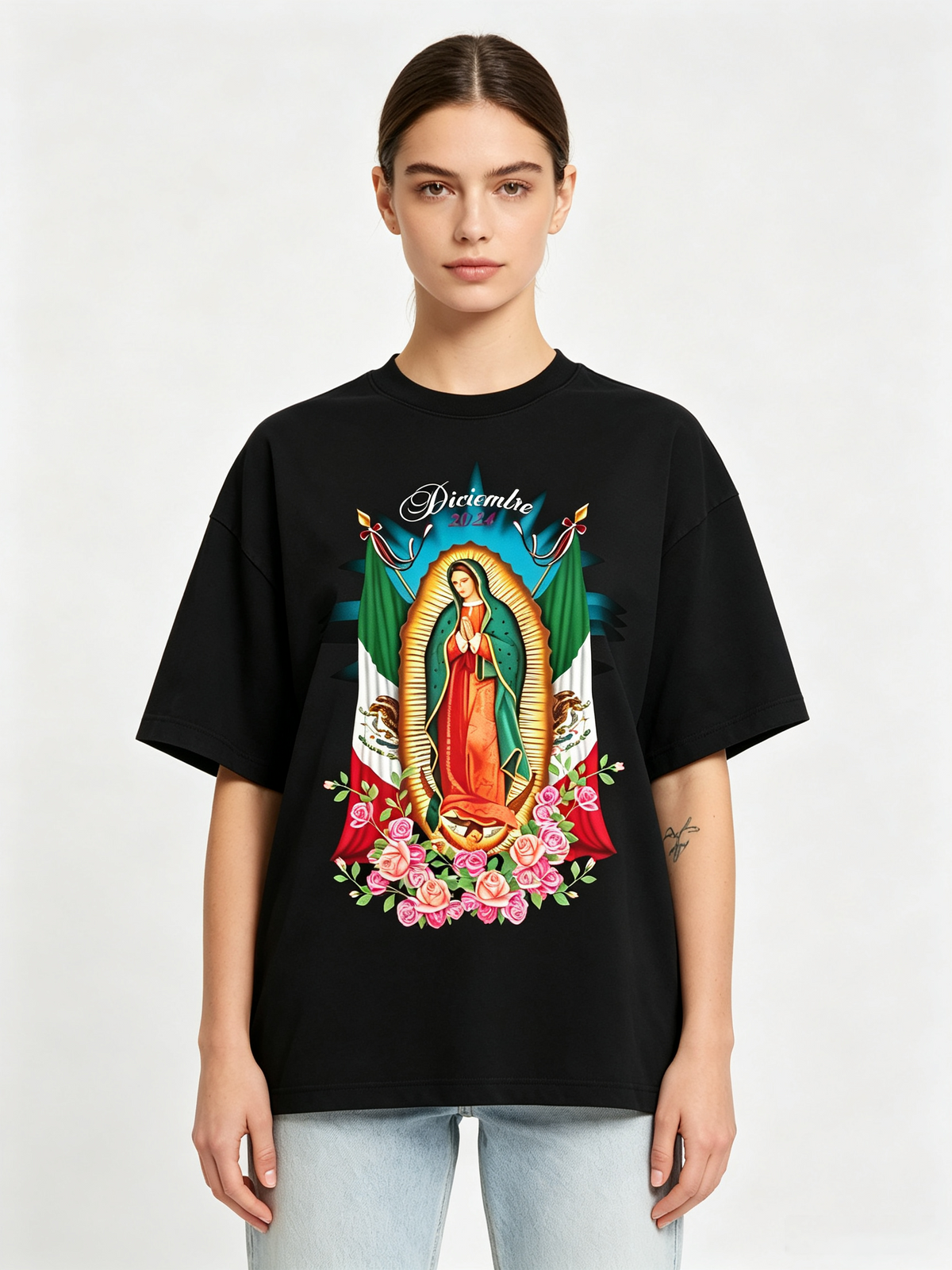 Vintage-style Our Lady of Guadalupe & Mexican Flag Rose Print Short-Sleeve T-Shirt – Heavyweight Pure Cotton, Oversized/Loose Fit, Trendy Women's Tee