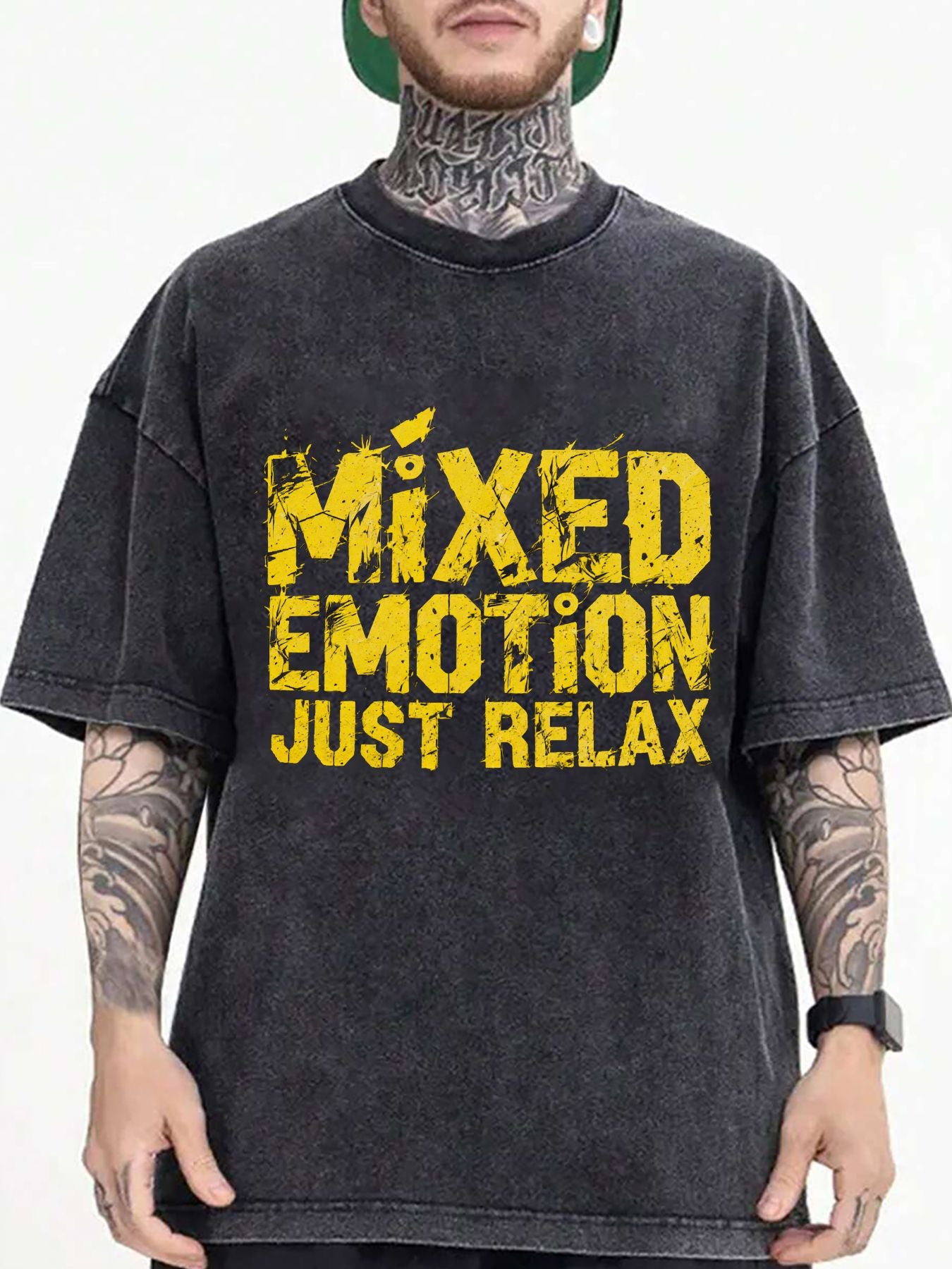 Men's 100% Cotton Oversized Vintage T-Shirt with Distressed Yellow Trash Print & Soft Washed Black Crew Neck - Loose Hip-Hop Streetwear Style Casual Shirt, Yellow Graphic Tee for all-Season