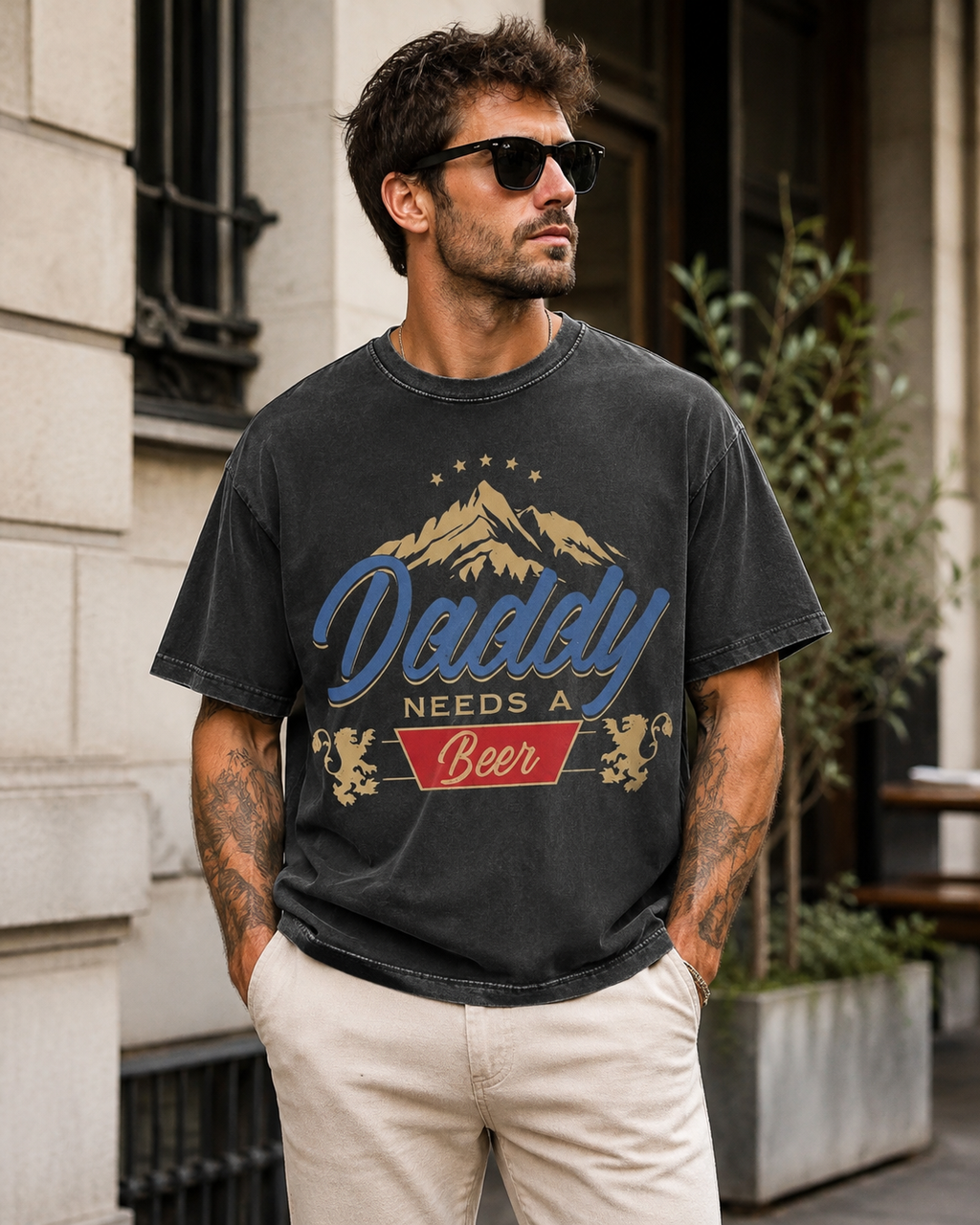 American-style vintage "dirty-wash" T-shirt with a fun slogan; features a distressed, faded finish—a versatile, casual short-sleeve top perfect for Father's Day.