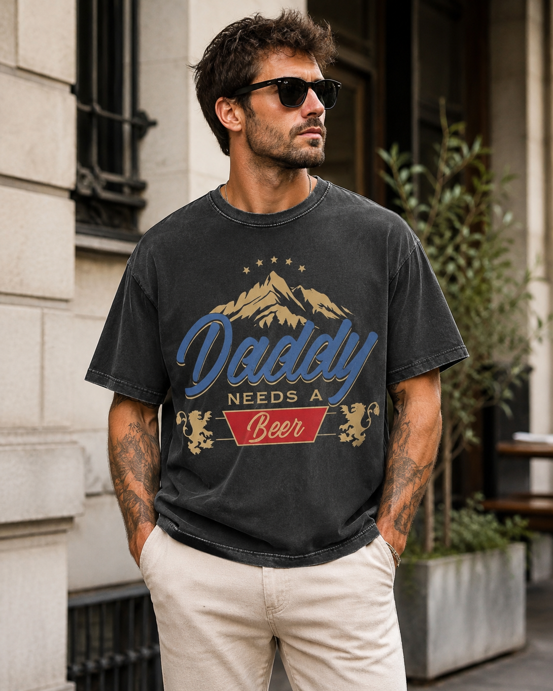 American-style vintage "dirty-wash" T-shirt with a fun slogan; features a distressed, faded finish—a versatile, casual short-sleeve top perfect for Father's Day.