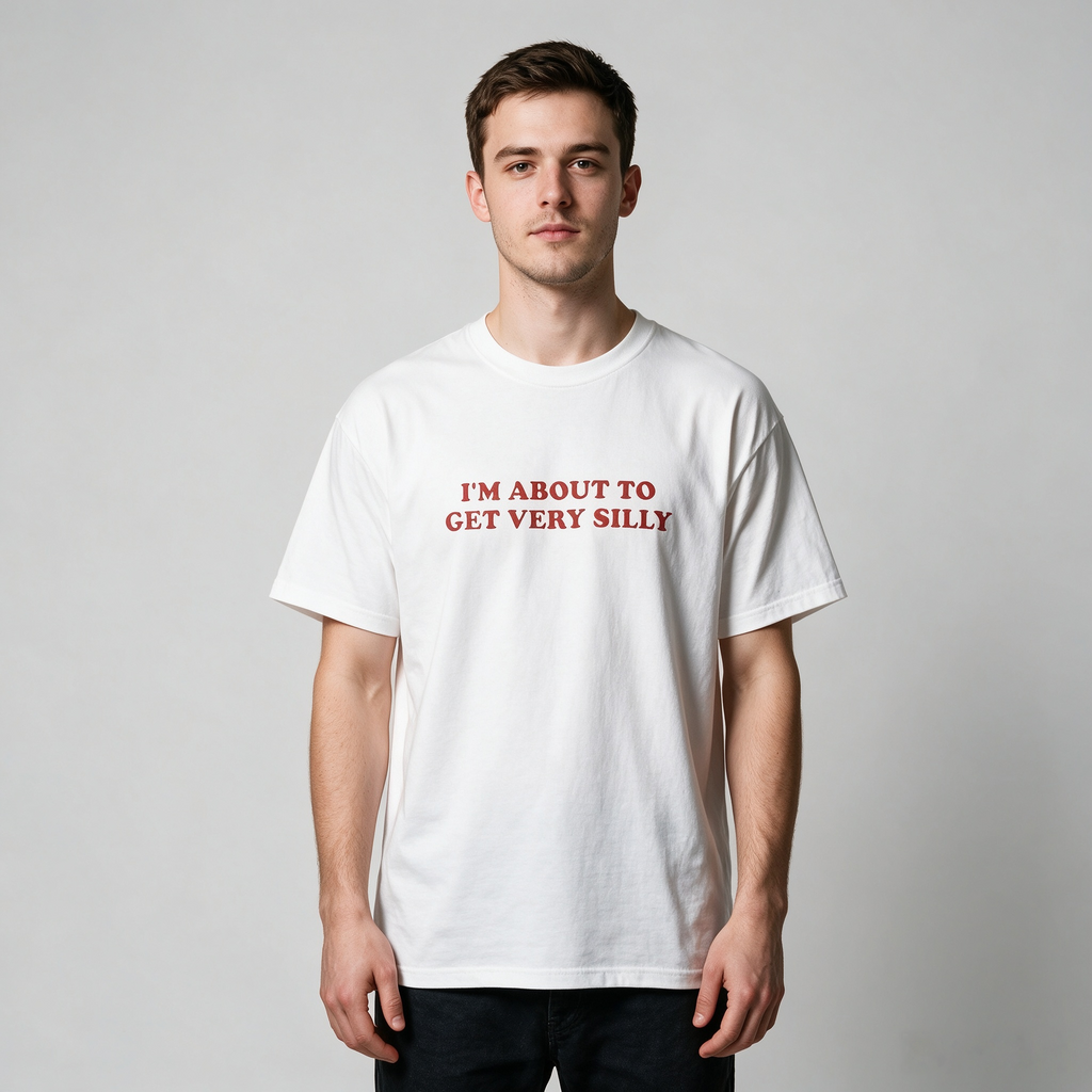 Unisex Pure Cotton Vintage-Style T-Shirt with "I'm About To Get Very Silly" Slogan – Loose Fit, Drop-Shoulder, Red Lettering