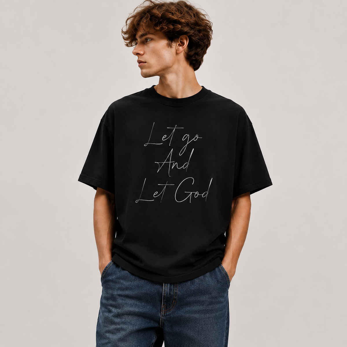 Faith-themed distressed black short-sleeve T-shirt: 100% cotton, oversized, double-sided print, vintage casual religious style.