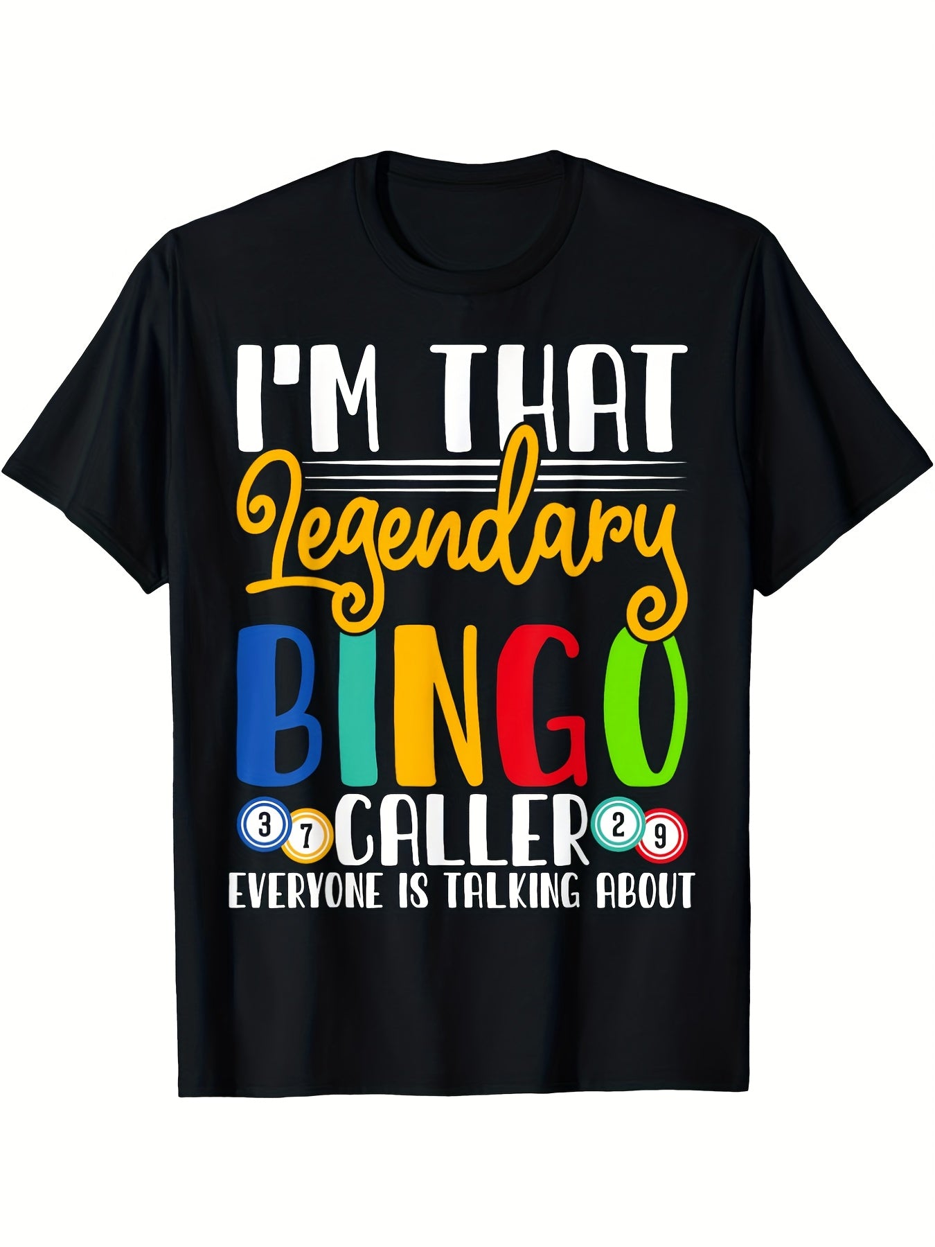 Men'S Black Cotton T-Shirt with Colorful "I'm That Legendary BINGO Caller" Design - Retro Style, All-Season Casual Wear for Game Night Enthusiasts & Humor Lovers, Perfect for Gym & Outdoor Activities, Bingo Shirts