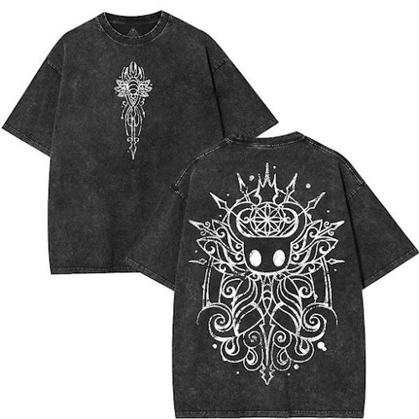 American-style acid-washed distressed hollow knight print short-sleeved T-shirt, heavy-duty wash, oversized, retro indie game style, unisex.