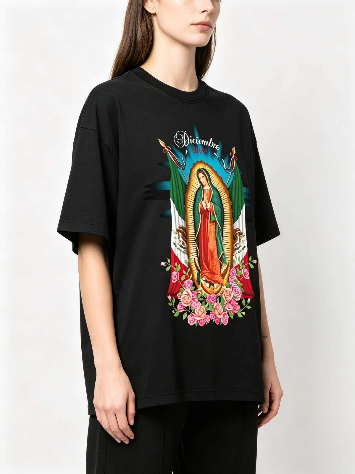 Vintage-style Our Lady of Guadalupe & Mexican Flag Rose Print Short-Sleeve T-Shirt – Heavyweight Pure Cotton, Oversized/Loose Fit, Trendy Women's Tee