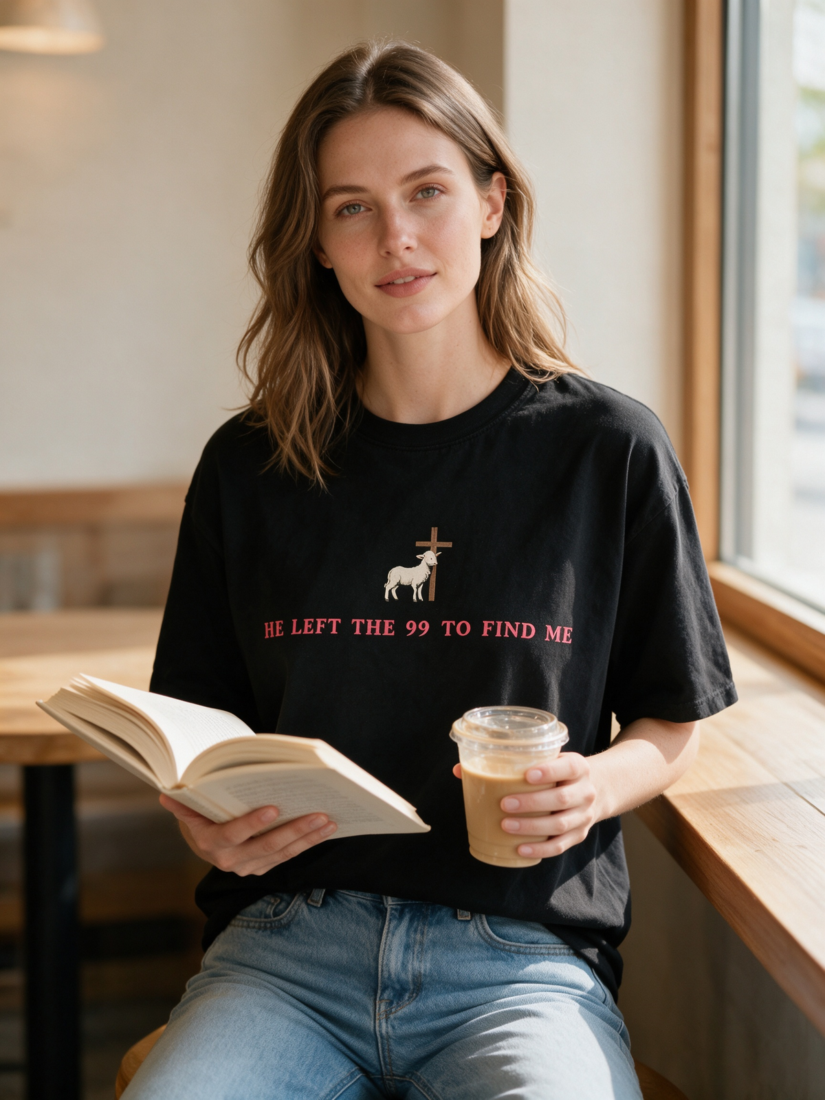 Faith-themed T-shirt with lamb and cross print – American-style loose-fit pure cotton casual short-sleeve tee