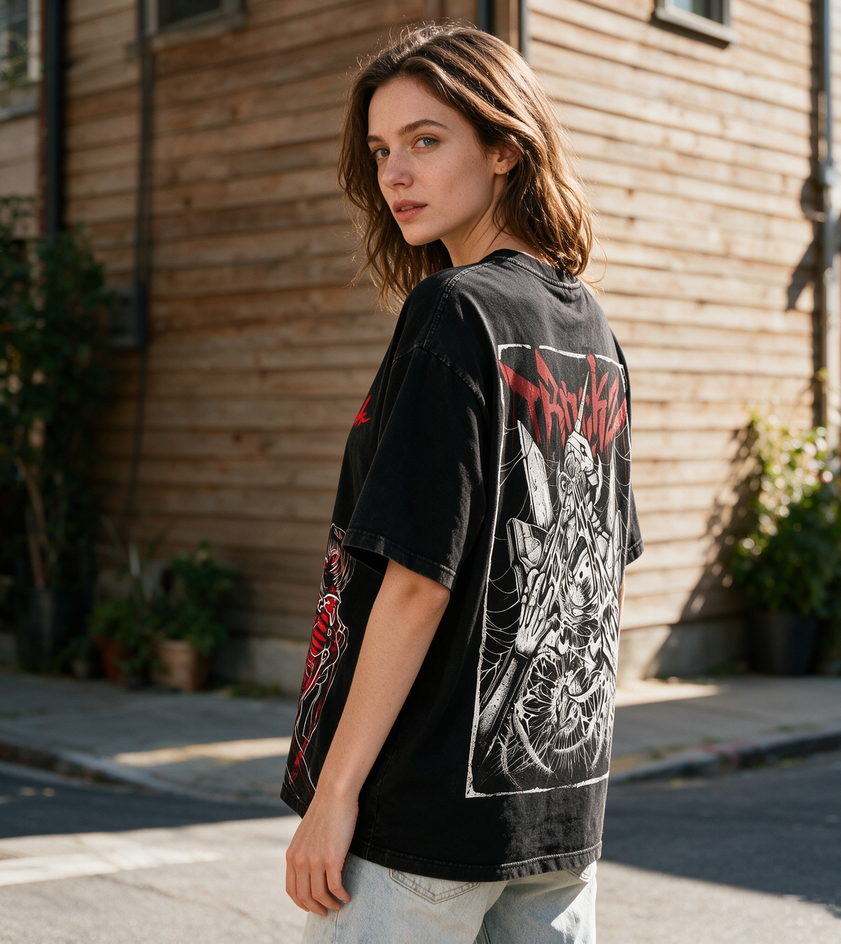 Pure Cotton Double-Sided Dark Anime Print Short-Sleeve T-Shirt – Oversized, Loose-Fit Streetwear Top for Women (EVA/2D Style)