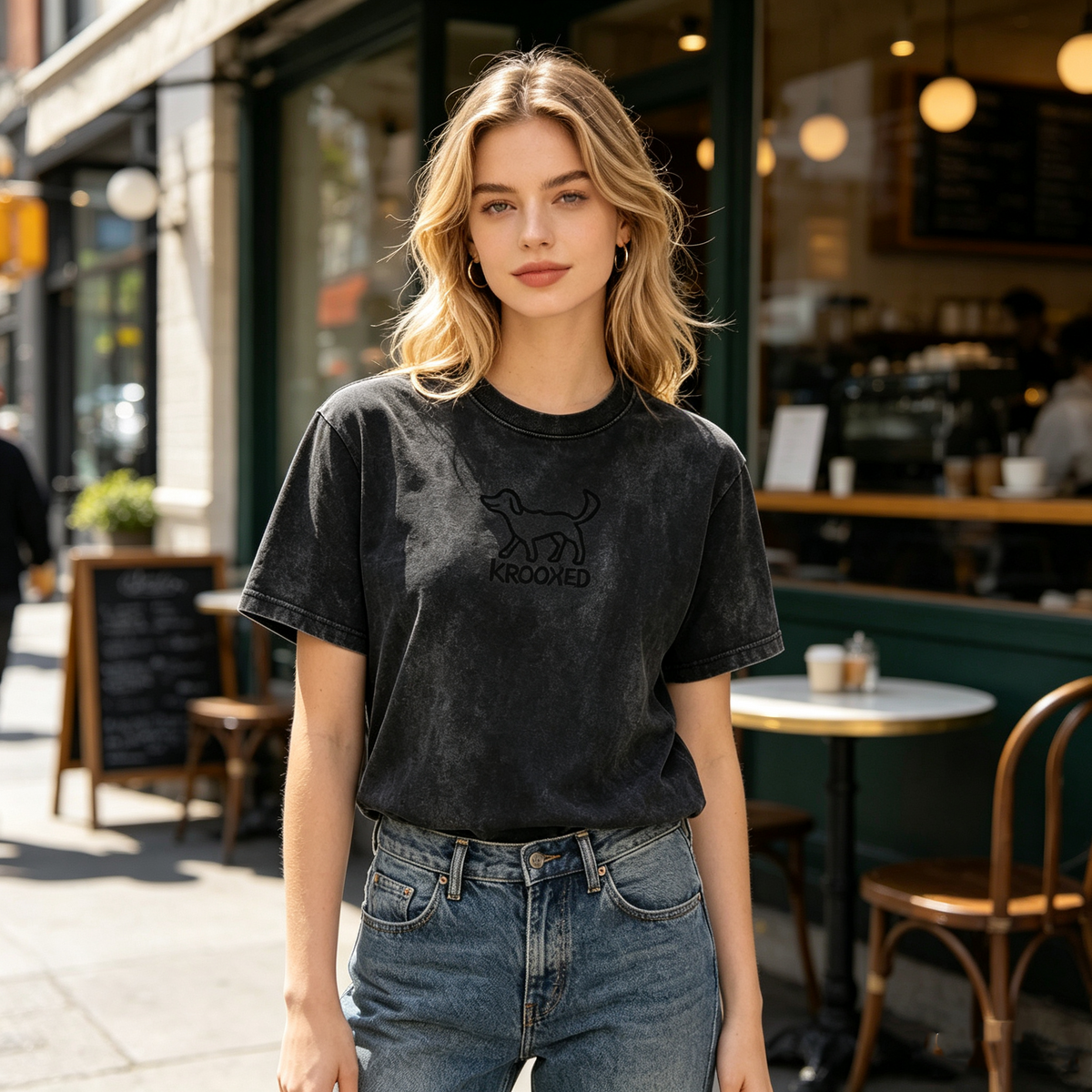 Women's black washed-effect T-shirt featuring a minimalist puppy line-art print; crafted from pure cotton with a loose, trendy American skate-style fit.