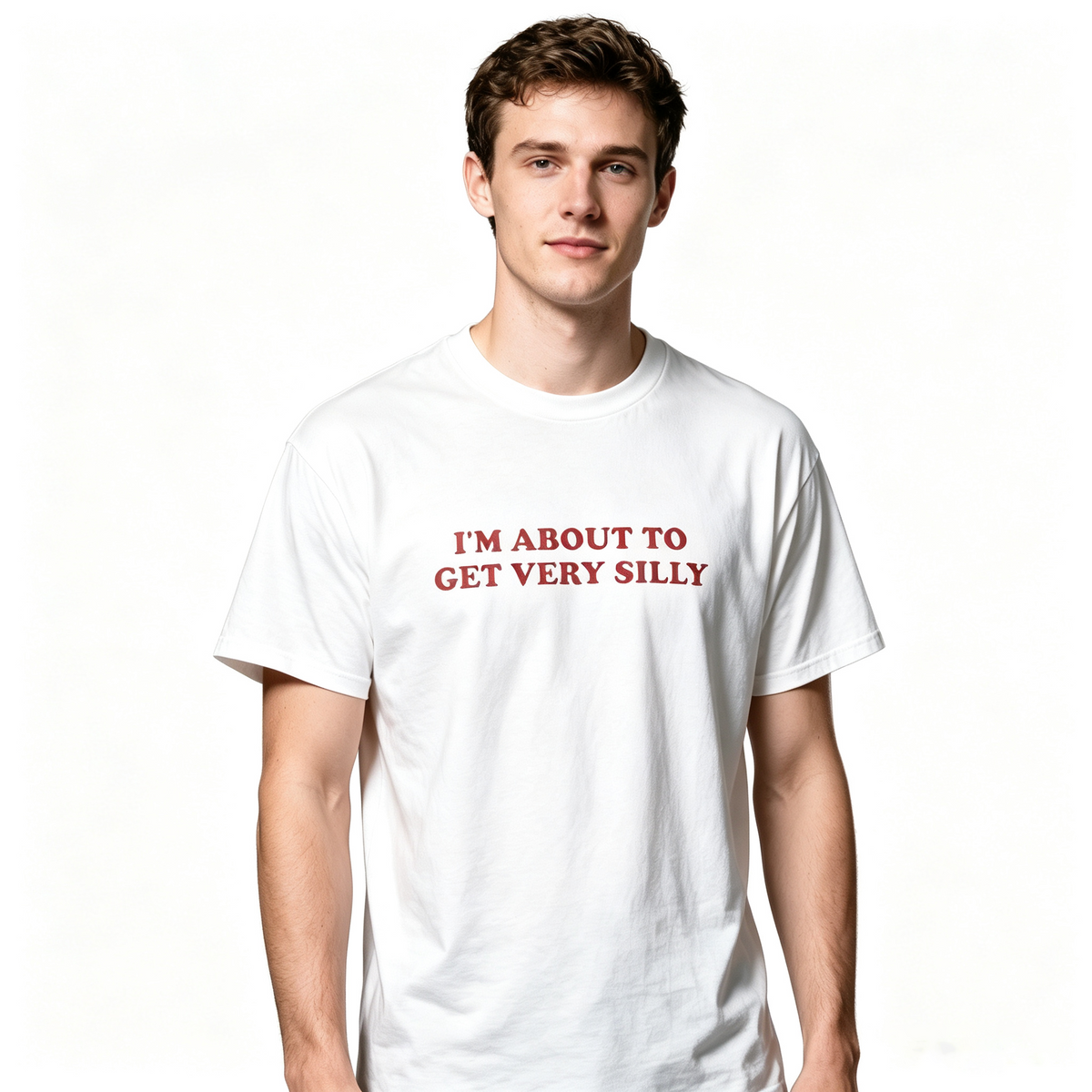 Unisex Pure Cotton Vintage-Style T-Shirt with "I'm About To Get Very Silly" Slogan – Loose Fit, Drop-Shoulder, Red Lettering
