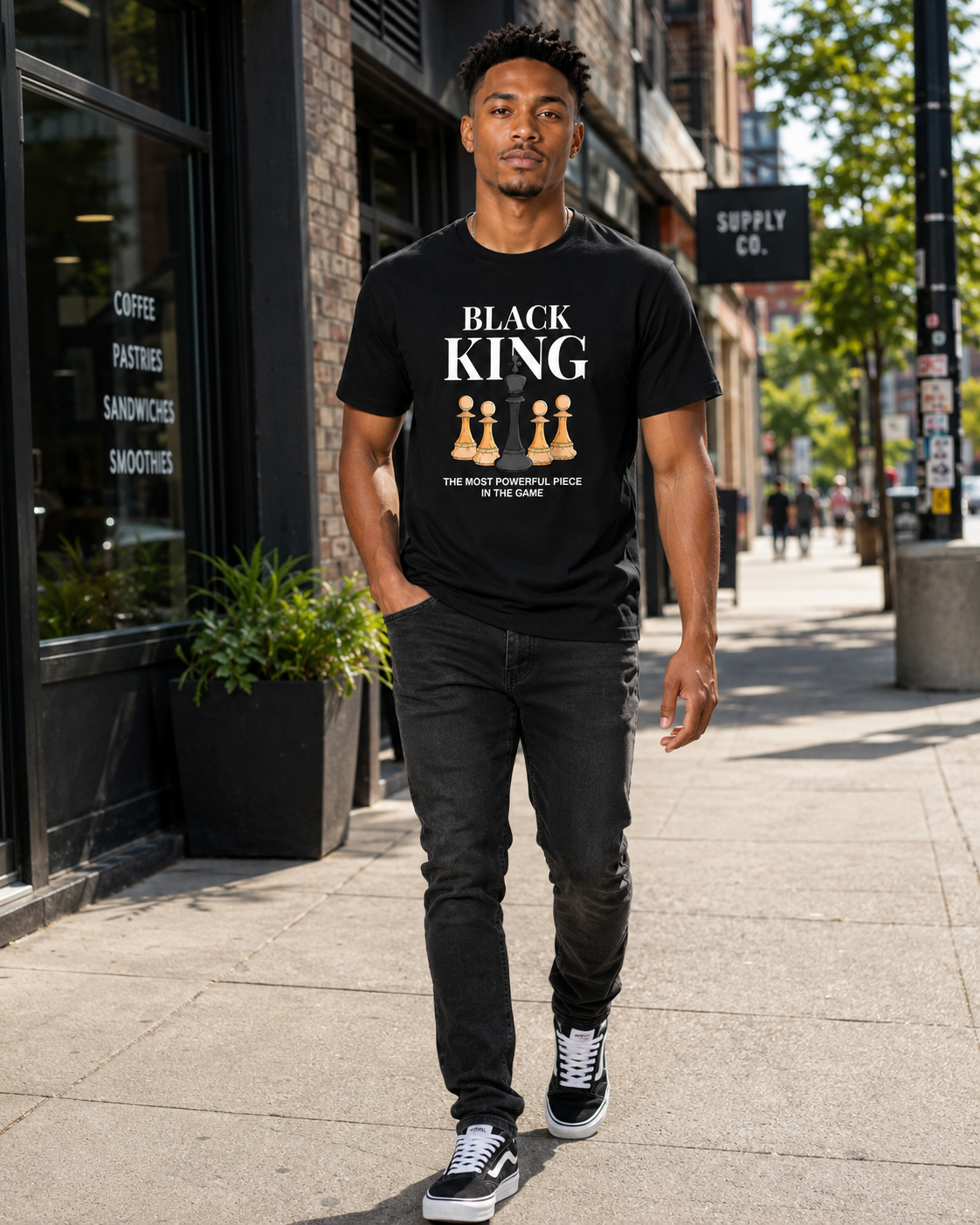 American Streetwear Style "Black King" Theme T-Shirt – Loose-Fit Casual Unisex Tee with Checkerboard & Chess Piece Print