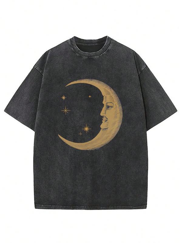 Couples Vintage Washed Print T Shirt Moon Face Stars Gold Embroidery Round Neck Short Sleeve Oversized Relaxed Fit Straight Hem Graphic Design