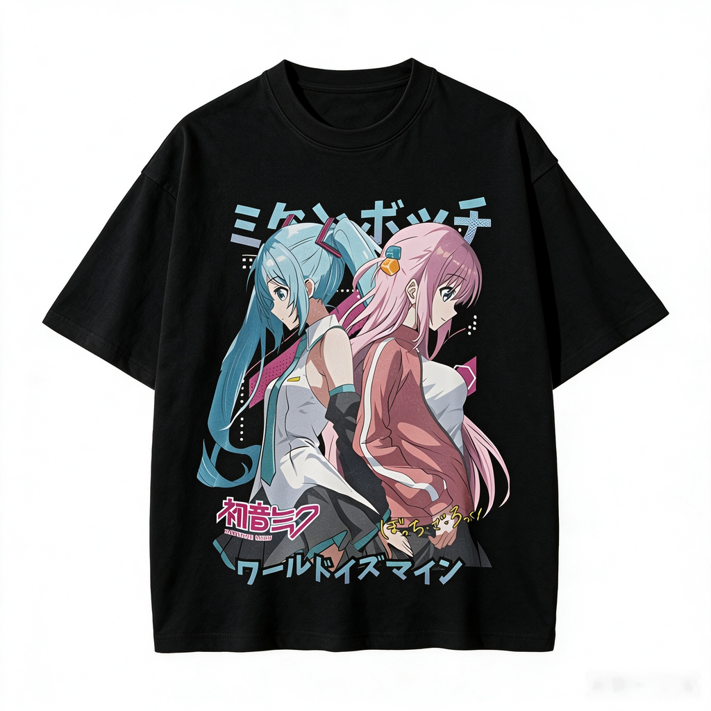 Oversized 100% Cotton Short-Sleeve T-Shirt with Large Anime Print (Hatsune Miku) – Japanese Streetwear Style for Women