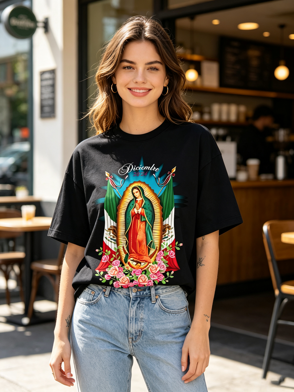 Vintage-style Our Lady of Guadalupe & Mexican Flag Rose Print Short-Sleeve T-Shirt – Heavyweight Pure Cotton, Oversized/Loose Fit, Trendy Women's Tee