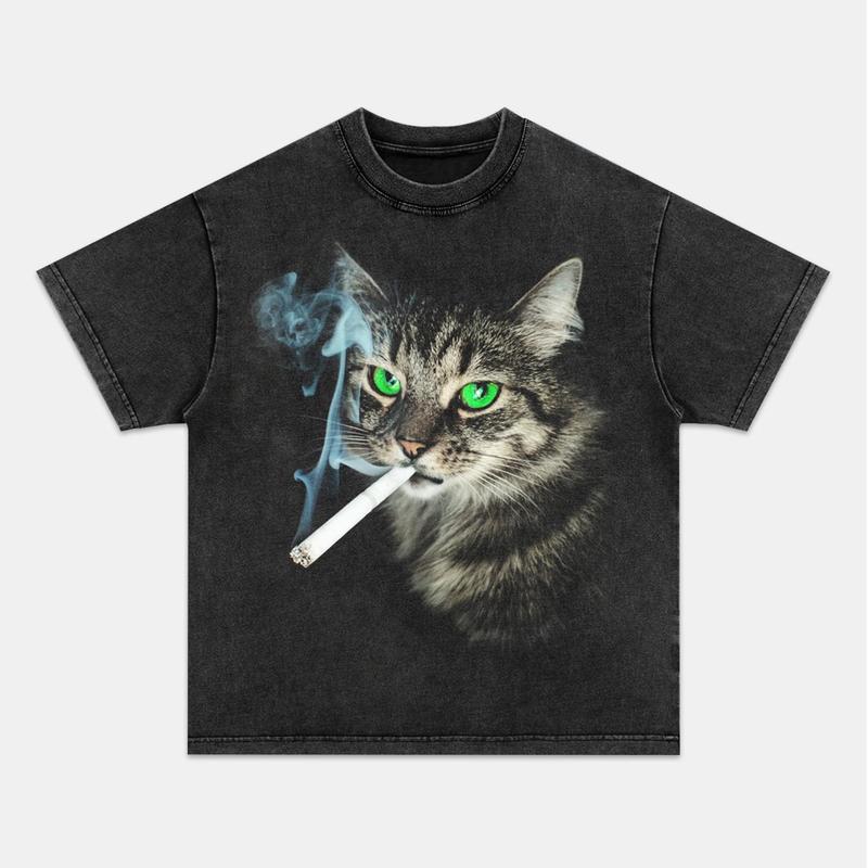 Retro Street Style & Smoking Cat Washed Crew Neck T-Shirt,Unisex Fashion Graphic Tee,Streetwear Clothing,Trendy Outfit FO100913