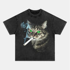 Retro Street Style & Smoking Cat Washed Crew Neck T-Shirt,Unisex Fashion Graphic Tee,Streetwear Clothing,Trendy Outfit FO100913