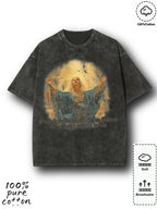 Retro washed couple T-shirt | Character and English printed round neck short sleeved regular style, artistic retro style is fantastic