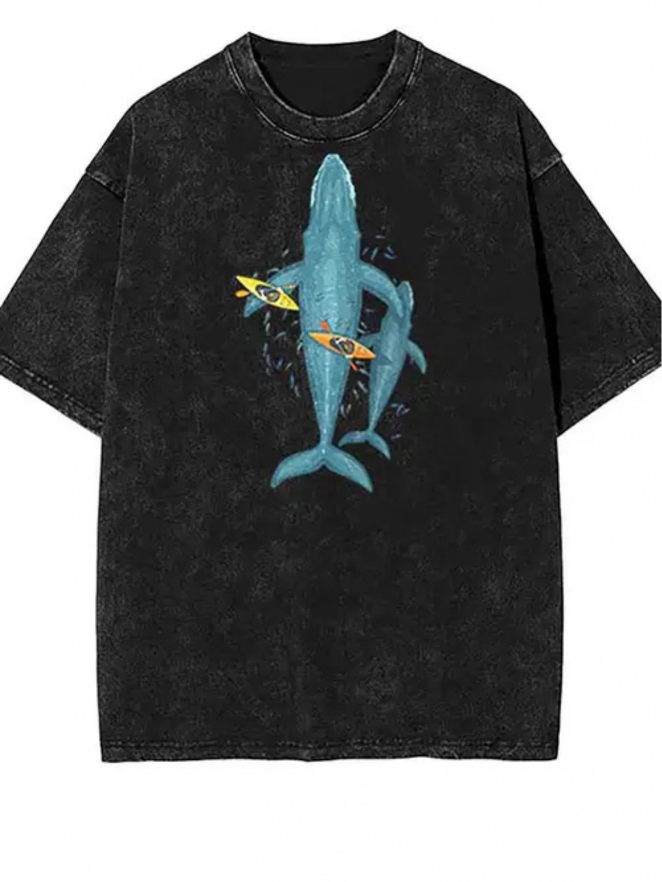 Men's Vintage Canoe & Whale Nautical T-Shirt - Thickened Batik Short Sleeve Tee with Washed Distressed Print, Round Neck Casual Shirt for all-Season Outdoor & Casual Attire