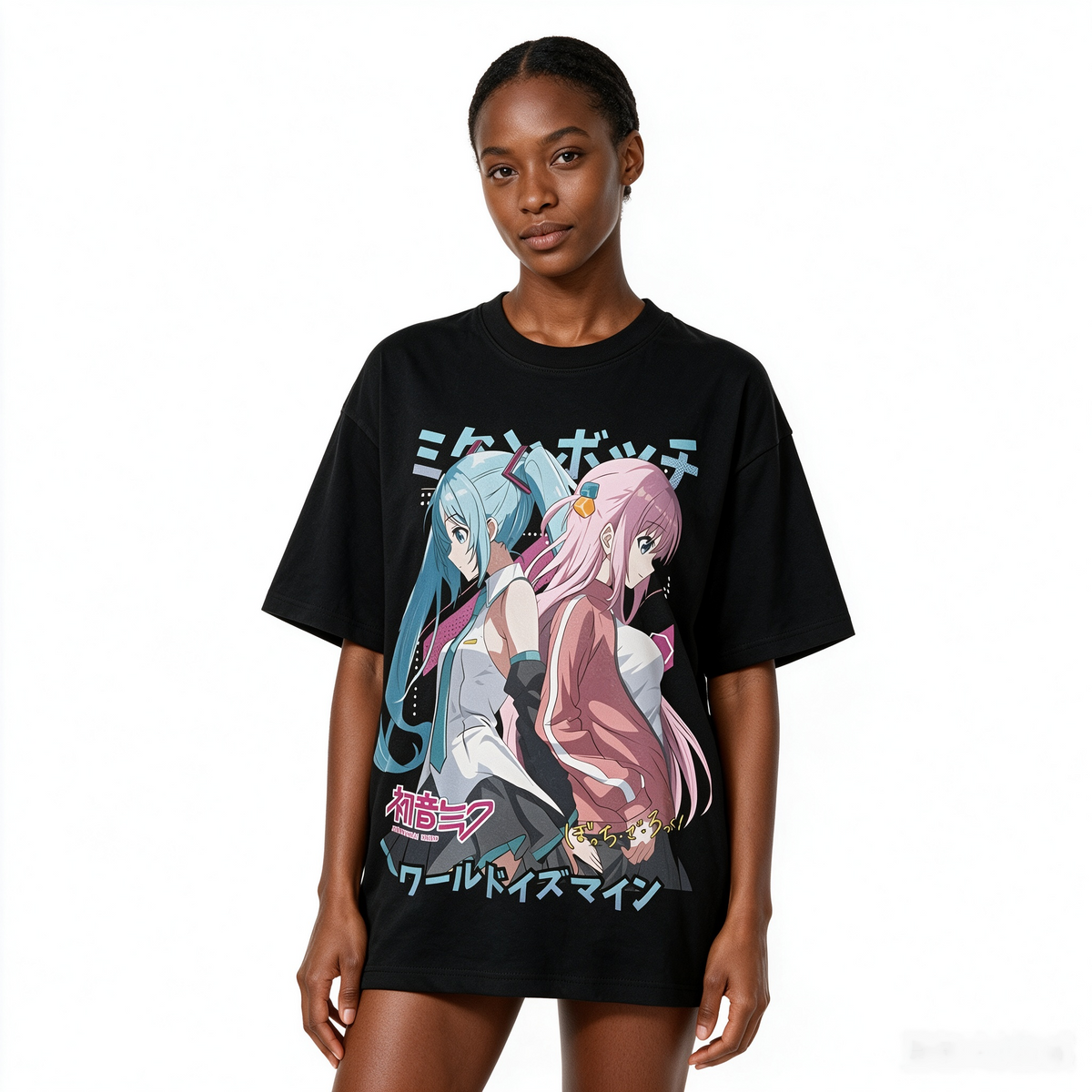 Oversized 100% Cotton Short-Sleeve T-Shirt with Large Anime Print (Hatsune Miku) – Japanese Streetwear Style for Women