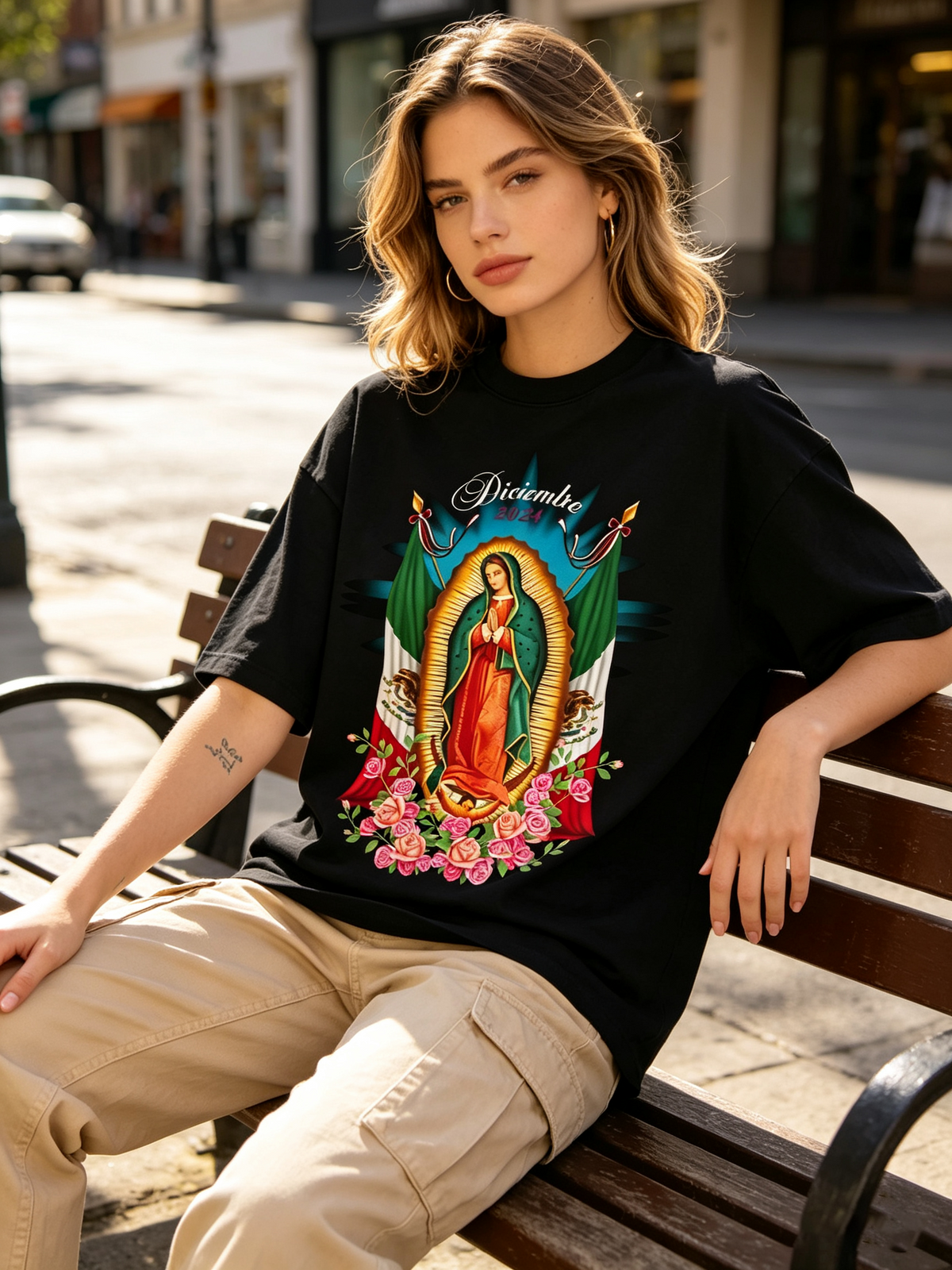 Vintage-style Our Lady of Guadalupe & Mexican Flag Rose Print Short-Sleeve T-Shirt – Heavyweight Pure Cotton, Oversized/Loose Fit, Trendy Women's Tee