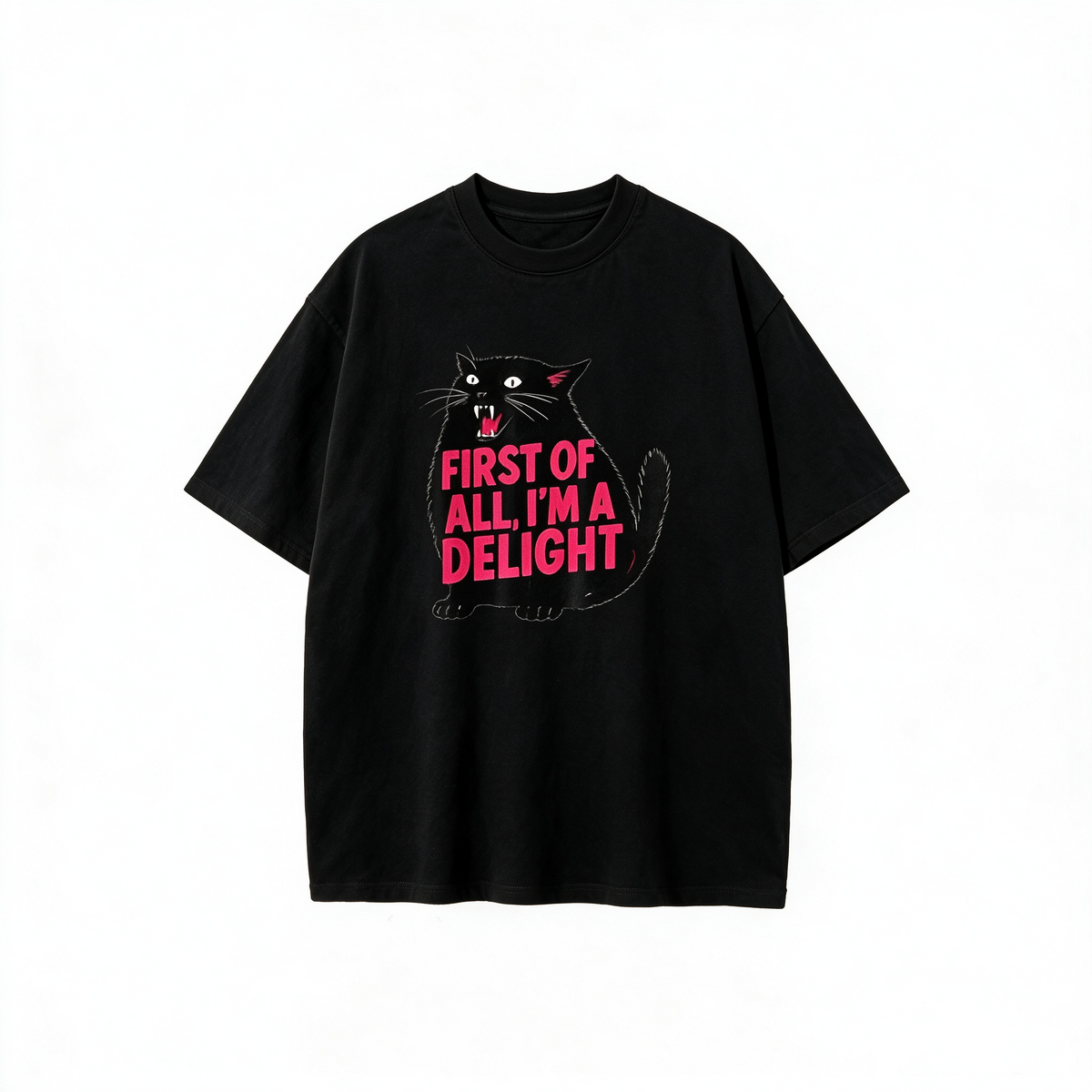Fun & Quirky Black Cat Graphic T-Shirt – 100% Cotton, Oversized, Casual Short-Sleeve Tee for Cat Lovers