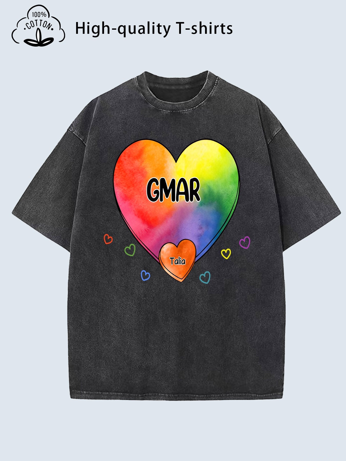 Women's Heavy Vintage Distressed Long Oversized Vintage 80s/90s Style Short Sleeve Top with Colorful Heart and GMAR Letter Print Soft Breathable Fabric Casual Loose Fit Machine Washable(Do Not Tumble Dry) 80s/90s Nostalgic Style Round Neck Loose Fit